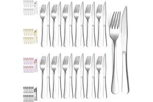 Evanda Set di coltelli da bistecca 24 pezzi, set 12 forchette in acciaio inox e 12 set coltelli da cena, coltelli da bistecca Forchette da bistecca, lavabile in lavastoviglie
