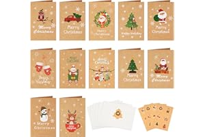 Leikedun 24 Pezzi Biglietto Auguri Natale con Busta e Adesivi, Biglietto Auguri Natale Regalo, Cartoncini Augurali di Carta Kraft, 12 Modelli con Disegni