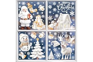 KOCOVIMI Christmas Window Clings, 190pcs 3D Christmas Window Stickers Xmas Snowflake Window Clings, Most Popular Xmas Decals Holiday Snowflake Santa Claus Reindeer Decals for Party