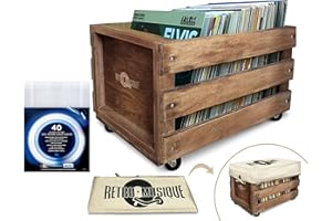 Retro musique Aufbewahrungsbox aus Holz, 30,5 cm, für bis zu 100 Alben (in PVC-Hüllen), mit Sackleinen-Stoffbezug, inkl. 50 Schallplatten-Außenhüllen (Eichen-Finish)