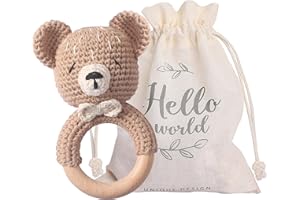 Youuys Giocattolo Sonaglio Neonati in Legno, Con Suono, Massaggiagengive All'uncinetto, Animali Morbidi Giocattoli, Regalo per Neonati Bambini (Orso Khaki)