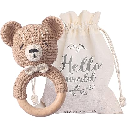 Hochet Bébé En Bois Et Crochet - Jouet Sensoriel, Anneau De Dentition, Cadeau Naissance Bio, Girafe Orange