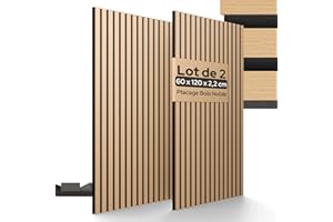 Arebos Lot de 2 Panneaux Acoustiques 120×60 cm | Panneaux Muraux à Lattes Aspect Bois pour Mur & Plafond | Haute Absorption Acoustique | Installation Facile & Découpable