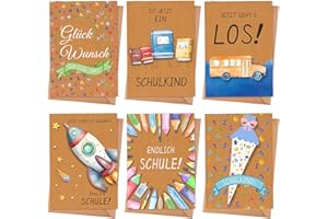 Goldziples School Cards with Envelope Set - 6 Start of School Greeting Cards for Boys and Girls - Child-friendly Greeting Cards for the First Day of School