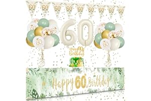 60 Geburtstag Deko, VICTERR Grün Gold Deko 60. Geburtstag Frau und Mann Deko Set, Lange Größe Happy 60th Birthday Banner Hintergrund 274×37cm, Girlande Wimpel Konfetti Luftballons