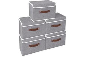 Yawinhe Storage Boxes with Lids 5 Pack, Collapsible Storage Bin with Handle, for Organizing Clothes, 33x23x20cm, Grey, SNK018GYS-5
