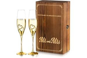 Nuptio Calici Champagne Cristallo Matrimonio: Set di 2 Bicchieri Dorati, Confezione Regalo in Legno, Bicchieri Coppia Sposi, per Prosecco, Fidanzamento, Addio al Nubilato
