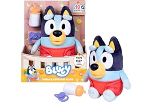 Bluey Dziecko rozpieszczające i pielęgnacyjne, pielęgnujące, karmiące i uspokajające dziecko, 28 cm elektroniczna pluszowa zabawka z 10 różnymi dźwiękami dziecka, 2 akcesoria i zdejmowana pielucha
