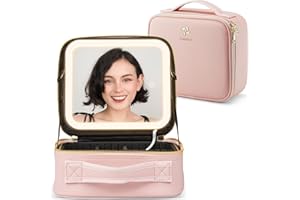 OMIRO Kosmetiktasche mit Großem Beleuchtetem Spiegel Teilbare Schminktasche Reise Make Up Tasche mit Spiegel Kulturbeutel Organizer mit Kosmetikspiegel für Unterwegs (Rosa, Geringe)