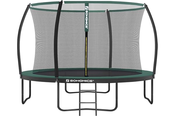 SONGMICS Trampoline Extérieur Enfant Diamètre 244/305/366/427 cm, Filet de Protection, Poteau Incurvé de 180 cm de Haut, Coussins de Sécurité, Échelle, Cadre en Acier