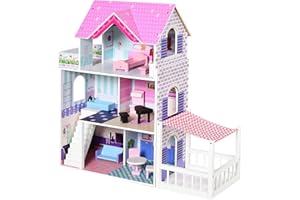 HOMCOM Casa delle Bambole in Legno, Casetta delle Bambole per Bambini a 3 Piani con 13 Accessori, Giocattolo per Bambini 3+ Anni