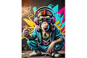 KEYIFA Paint by Numbers for Adults, DJ Monkey with Headphones Painting by Number Canvas Kits with Acrylic Paint Brushes, DIY Craft Oil Painting Art Kits for Adults, Home Wall Decor 30x40cm