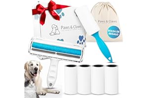 PAWS & CLAWS THE HOME OF HAPPY TALES Paws&Claws. Cepillo, Quita pelos Mascotas, para Sofás, Alfombras y Coches, Reutilizable + Rodillo Quita Pelos Adhesivo, Eficaz para la Ropa y Superficies Lisas (300 Hojas) Bolsa algodón de Regalo