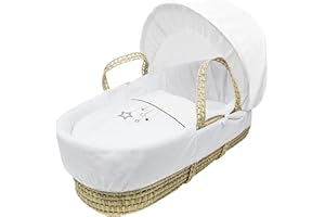 Kinder Valley Embroidered White Wish Upon A Star Palm Moses Basket with Full Bedding Set, Adjustable Hood, Fibre Mattress and Padded Liner