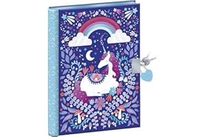 Janod Segreto 128 Lucchetto a Cuori e 2 Chiavi-Diario Intimo Ragazza-128 Pagine Righe-Formato A5-Regalo di Cartoleria Unicorno-6 Anni e + -J08936, Colore Viola, Blu