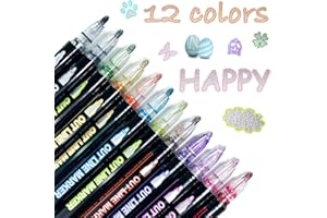 LYINUR Glitter Pens Outline Pens, 12 Colours Double Line Outline Metallic Marker Pens, Glitter Gel Pens, Colouring Pens DIY Painting Doodle Pen Christmas Stocking Fillers Eve Box Fillers