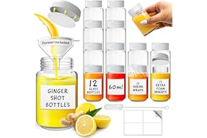 volila Shot Bottles with Lids - 12 Pack 2oz/60ml Reusable Glass Shot Bottles with Lids, Funnel, Labels, Shrink Wrap, Cleaning Brush and Extra Foam Insert - Portable and Leakproof
