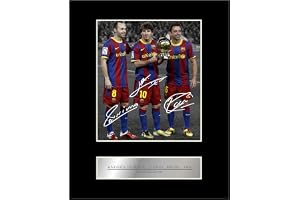 Andrés Iniesta, Lionel Messi, Xavi signerad monterad fotodisplay Barcelona FC