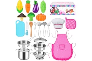 23 Piezas Accesorios Cocina Juguete para niños, Bestcool Juguetes de Juego de rol Juego de Cocina para niños con ollas y sartenes de acero Inoxidable Delantal Gorro de Chef para niños y niñas
