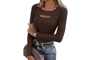Aottori Maglia Donna Cut out Manica Lunga Maglietta Girocollo Aderente Basic Top Costine Slim Fit Elegante T-Shirt Elasticizzato Tinta Unita Casual