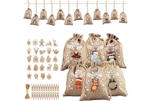 BINGGUNYO 24 Pezzo Sacchettini Calendario Avvento, Calendario Avvento di Natale Sacchetti, Calendario Dell'Avvento Fai Da Te, Sacchetti Juta Natale con 1-24 Numeriche + 24 Clip + Corda Canapa (StyleB)