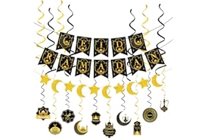 GCSTNN Ramadan Mubarak Garland Eid Decorations, Ramadan Mubarak Banner Shining Gold Moon Star Set with Led Fairy Lights, Ramadan Hanging Wall Decorations for Islam Festival Party Supplies,Kareem Decor,Home