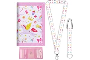 FOSDICK Kids Wallet, Canvas Wallets for Girls, Girls Wallet with Adjustable Lanyard, Cartoon Trifold Wallets Pink Crown Pegasus, Girl Purse, Birthday Christmas Gifts for Teenage Girl
