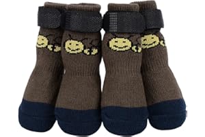 PETLOFT Lot de 4 chaussettes antidérapantes pour petits chiens, sangles réglables, patte marron, M