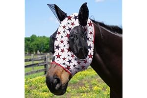 Harrison Howard Super Comfort Stretchy Fly Mask Large Eye Space with UV Protection Soft on Skin with Breathability Roter Blauer Stern (L)
