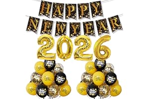 Adeyoo New Years Eve Decorations 2026 XXL Set - New Year Decorations with 2026 Giant Foil Balloons, Black and Gold Happy New Year Banner and Latex Confetti Balloons for Happy New Years Eve Party