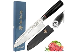 KENSHUI Couteau de cuisine martelé Couteau professionnel Cadeau de chef (Santoku avec étui en bois)