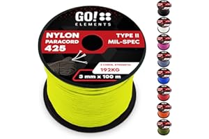 ‎GO!ELEMENTS GO!elements 100m Paracord Seil aus reißfestem Nylon - 3mm Paracord 425 Typ II max. 192kg - Schnüre als Outdoor Seil, Allzweckseil, Survival Seil, Armband, Hundeleine, Nylonschnur, Farbe:Neon