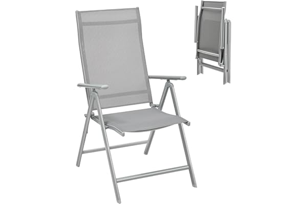 SONGMICS Chaise de Jardin Pliable, Siège d’Extérieur, Cadre en Métal, Dossier Réglable sur 8 Positions, Capacité de Charge 150 kg, Gris GCB02GY