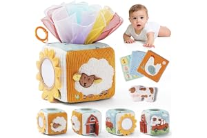let's make Babynäsduk leksak, sensorisk leksak Montessori 6 9 12 månader, gård aktivitetskub med halsdukar, gnistrande näsdukar, spegel, ljudko och reseklipp, baby flicka gåva gar