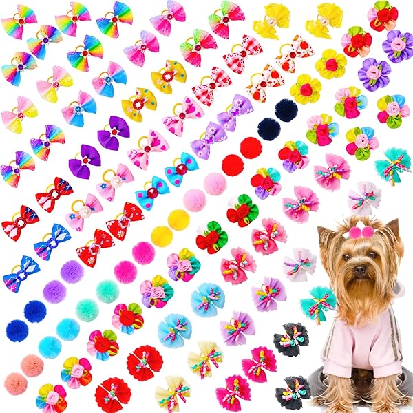 PAWCHIE Dog Bows For Small Dogs Hair - 50 PCS Cute Dog Bows Girl With 100PCS Rubber Bands Rhinestone Colorful Flower Bowtie Clips Mix Colors Pet Puppy Topknot Grooming Bows Accessories