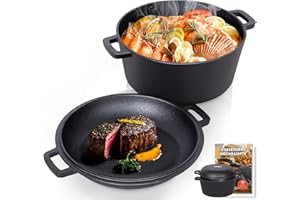 Todeco 2 en 1 Marmite en Fonte avec couvercle de poêle, 5L Dual Function Casserole en fonte avec recette pour cuisine, Pré-assaisonné, pour cuisine, camping, barbecue, rôtir ou braiser