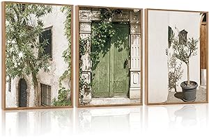 HPNIUB Vintage Italy City Landscape Framed Canvas Wall Art Set Of 3, Minimalist Country Wall Decor, Nature Green Olive Tree Wall Painting, Malta Modern Art Prints for Living Room Bedroom Decor 30x40cm