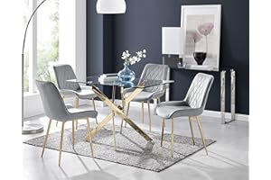 Furniturebox UK Leonardo 4 Gold Dining Table and 4 Grey Pesaro Gold Leg Chairs