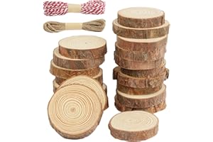 HOTUT Tranches de Bois Naturel, 20 Pièces 5-6cm Disques de Bois Brut Naturel avec Écorce, Craft Rondin de Bois Non Fini Rustique pour Decoration, Mariage, Noël, Loisirs Créatifs
