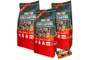 FIRE UP Natural Sustainable Firelighters – Perfect for lighting BBQs, fireplaces, and open fires - FSC Certified and Co2 Neutral NO palm oil – Includes KasaBona Matches (Pack of 180)