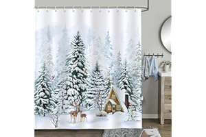 ‎BONHAUSE Bonhause Duschvorhang Winter Weihnachtsbaum Wald Hirsch Kiefer Duschvorhänge 180 x 180 cm Anti-Schimmel Wasserdicht Polyester Stoff Waschbar Bad Vorhäng für Badzimmer mit 12 Haken