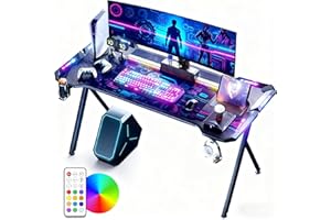 ‎LZQ LZQ Gaming Tisch mit RGB LED 120x60 cm, Gaming Schreibtisch Ergonomischer Gamer PC Tisch mit Kohlefaser-Oberfläche, Spieltisch RGB Computertisch mit Fernbedienung & Kopfhörerhaken, Schwarz