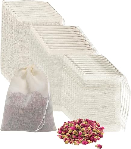 50 Pezzi Sacchetti di Mussola, 8 x 10 cm Bustine di Tè in Cotone per Spezie e Tisane Riutilizzabili Con Coulisse - Filtro per Sfuso Caffè Fai da Te