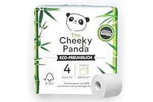 ‎THE CHEEKY PANDA The Cheeky Panda Bambus Toilettenpapier 3-Lagig | 4 Rollen x 200 Blatt | Klopapier Plastikfrei Verpackt | Eco WC Papier