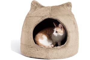Best Friends by Sheri Meow Hut in Fur Cover Dome Cat and Dog Bed, Wheat, Small