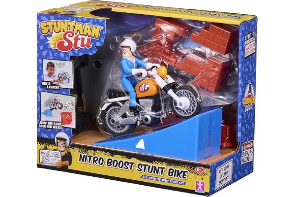 BANDAI - Stuntman Stu - Moto Nitro Boost - Jouet pour réaliser des Cascades - Figurine Cascadeur Inclus - Jeu de Crash avec véhicule et Accessoires - Jouet Enfant 4 Ans et + - COSS8201