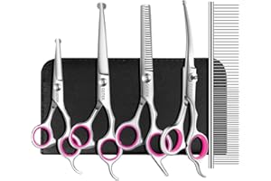 GEMEK Dog Grooming Scissors Set, 4CR Stainless Steel Safety Round Tip Pet Professional Grooming Tool 5 Pieces Kit - Straight, Curved, Thinning Shears & Comb for Dogs, Cats and Other Animals
