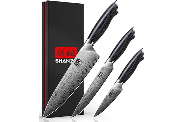 SHAN ZU Set Couteaux Cuisine en Acier Poudré, Ensemble de 3 Couteaux Japonais à Acier Inoxydable Haute Dureté, Manche Ergonomique en Bois, Couteau de Chef, Couteau de Universel et Couteau d'office