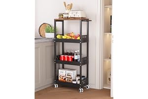 UMDONX Metal Slim Storage Trolley 4 Tier - Kitchen Cart on Wheels Pantry Narrow Organiser Shelf Space Saving (Black Load Capacity 80KG)
