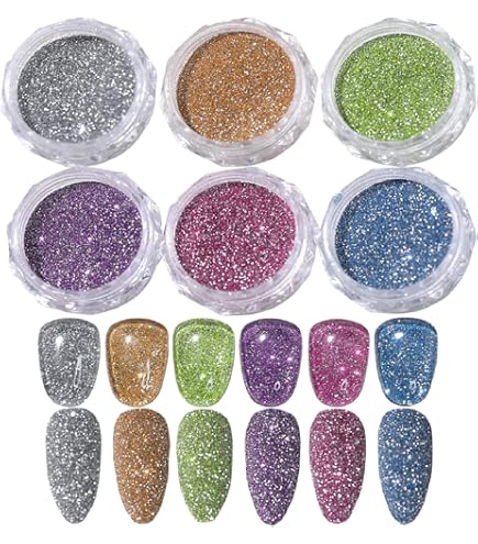 MKNZOME Glitzer Nagelpulver Set – 6 Farben (je 1g) Inkl. 6 Schwammstäbchen Für DIY Nail Art